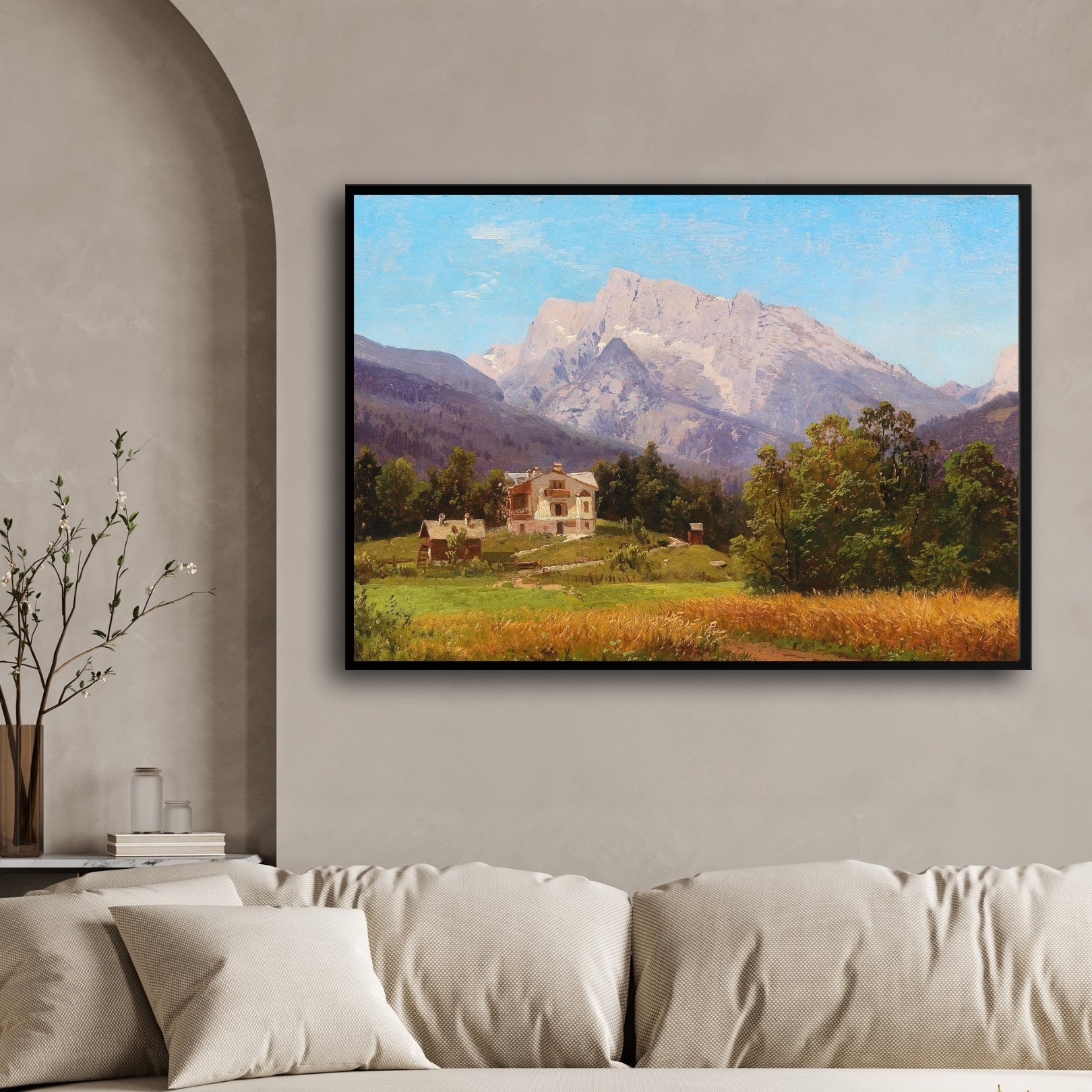 Mountain Retreat – Classic Alpine Landscape with Villa Wall Art 2 : 3 Horizontal Premium Wall Art Canvas by MeriDeewar