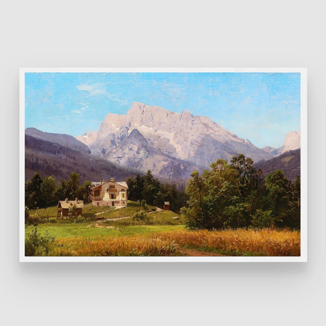 Mountain Retreat – Classic Alpine Landscape with Villa Wall Art 2 : 3 Horizontal Premium Wall Art Canvas by MeriDeewar