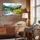 Mountain Scenery Painting for Living Room | River & Snow Peaks Nature Wall Art 3 : 2 Horizontal Premium Wall Art Canvas by MeriDeewar