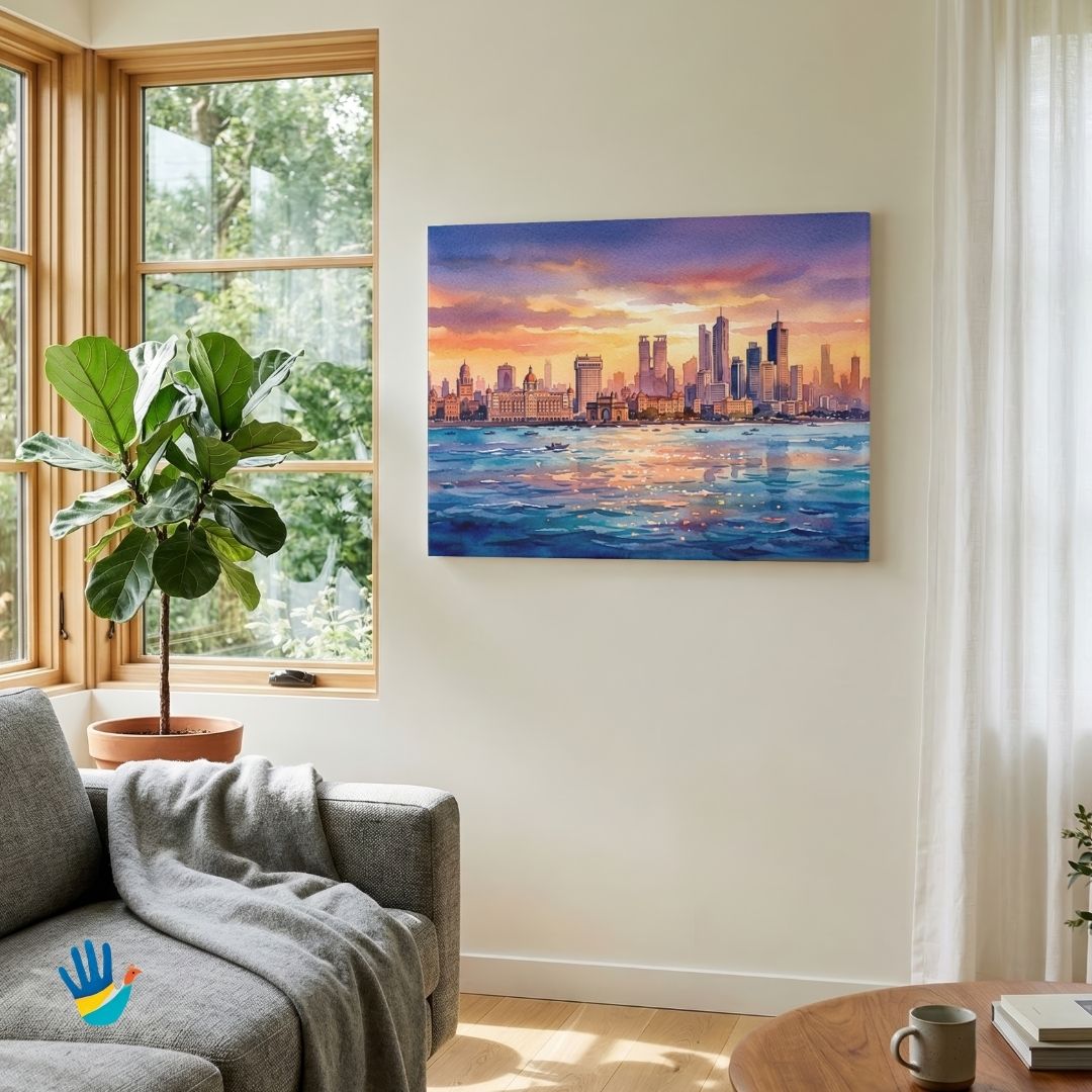 Mumbai Harbor at Sunset | Gateway of India Skyline Watercolor Heritage Framed Art 4 : 3 Horizontal Premium Wall Art Canvas by MeriDeewar