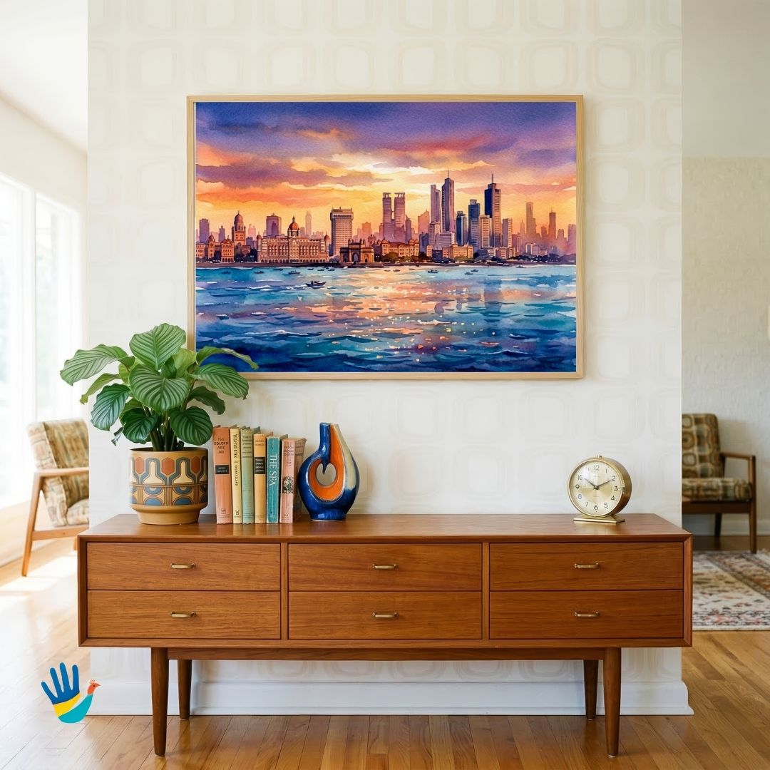 Mumbai Harbor at Sunset | Gateway of India Skyline Watercolor Heritage Framed Art 4 : 3 Horizontal Premium Wall Art Canvas by MeriDeewar