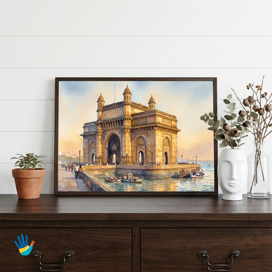Gateway of India Mumbai | Heritage Coastal Architecture Watercolor Framed Art 4 : 3 Horizontal Premium Wall Art Canvas by MeriDeewar