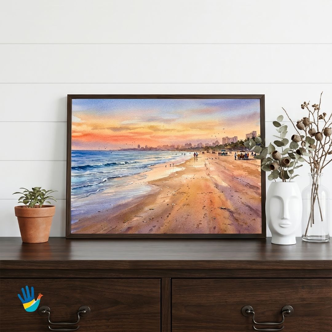 Sunset at Juhu Beach | Mumbai Coastal Seascape Watercolor Heritage Framed Art 4 : 3 Horizontal Premium Wall Art Canvas by MeriDeewar