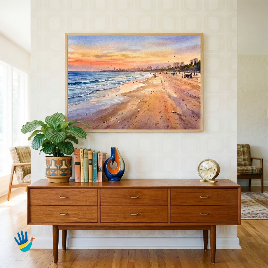 Sunset at Juhu Beach | Mumbai Coastal Seascape Watercolor Heritage Framed Art 4 : 3 Horizontal Premium Wall Art Canvas by MeriDeewar