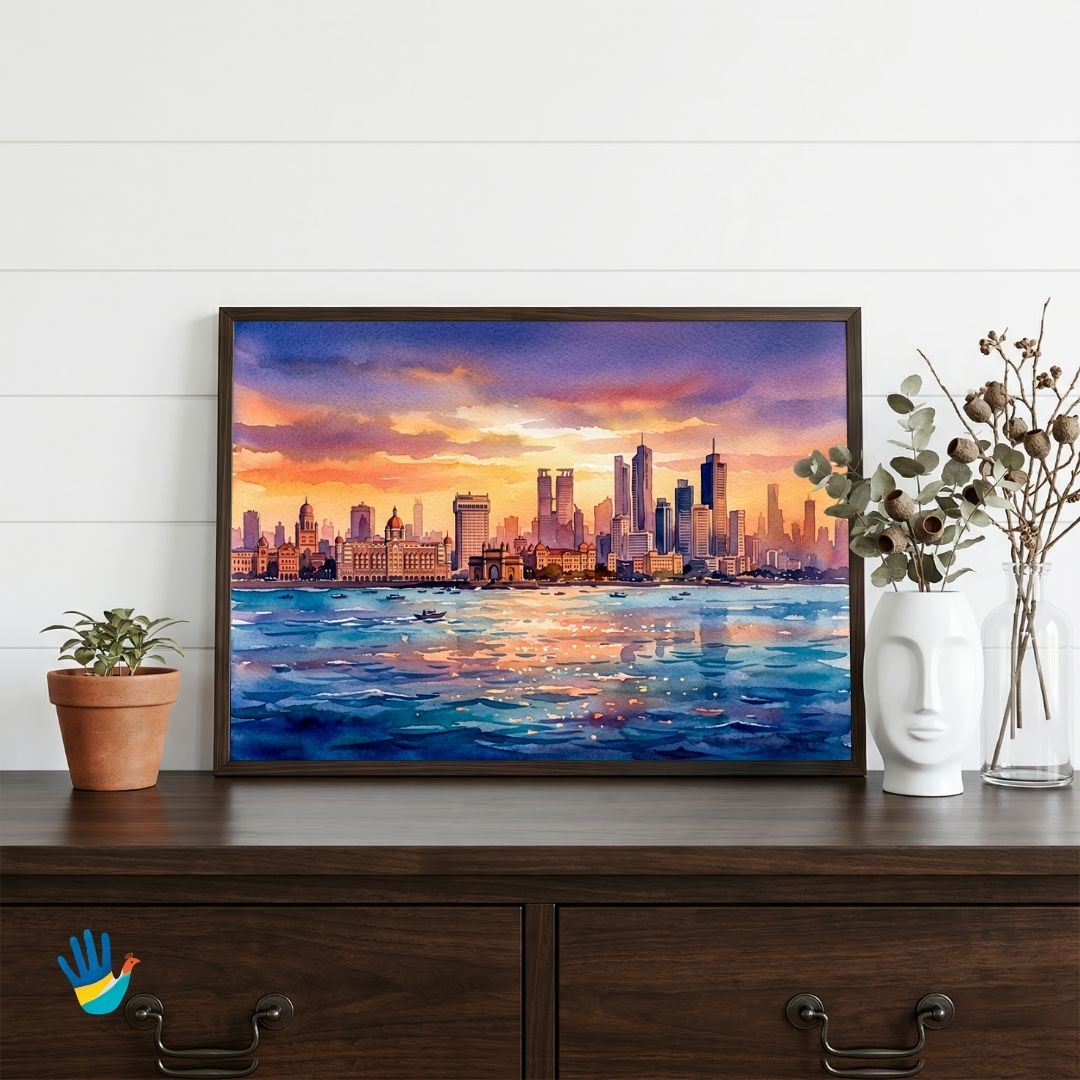 Mumbai Harbor at Sunset | Gateway of India Skyline Watercolor Heritage Framed Art 4 : 3 Horizontal Premium Wall Art Canvas by MeriDeewar