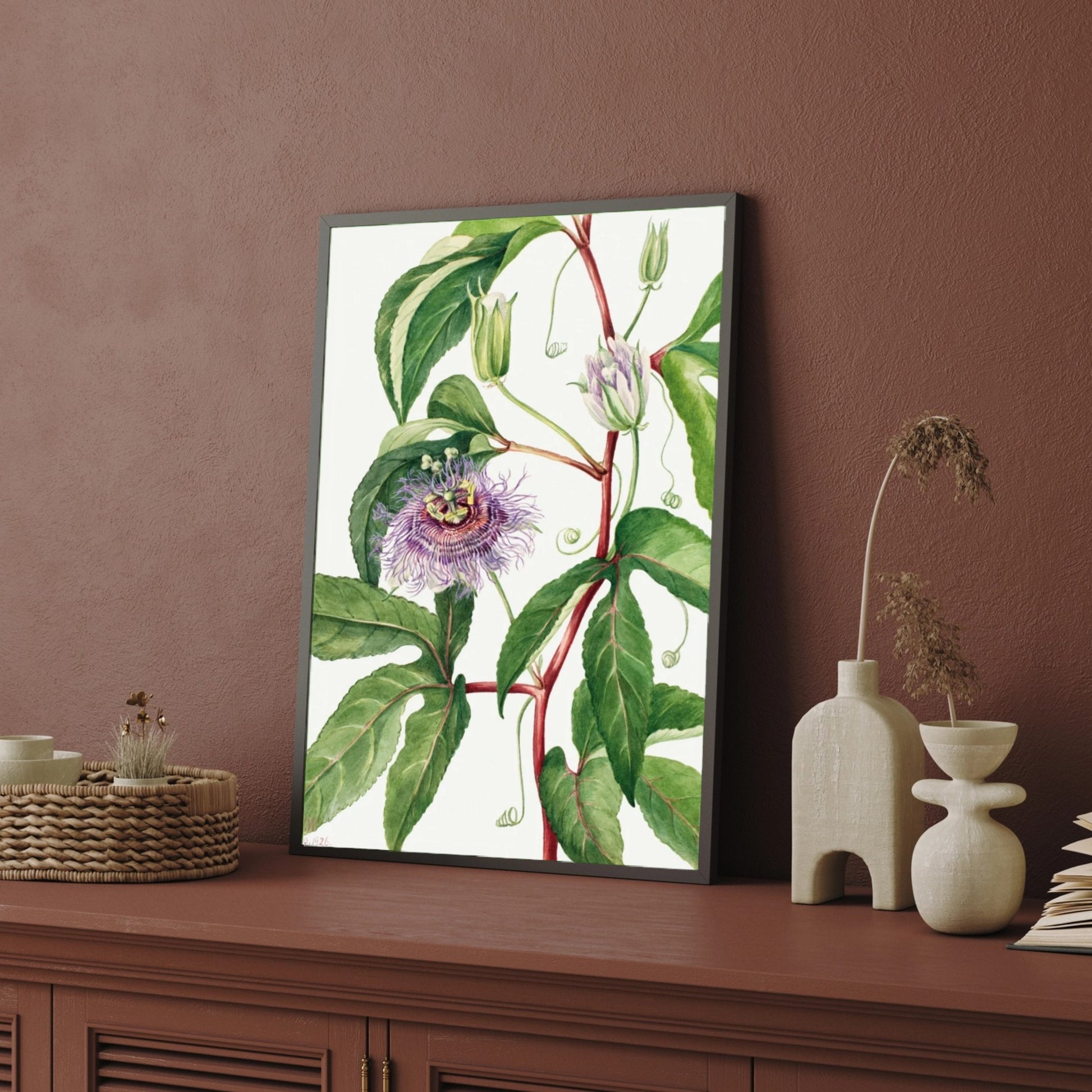 Mystic Bloom – Purple Passionflower Botanical Wall Art Print 2 : 3 Vertical Premium Wall Art Canvas by MeriDeewar