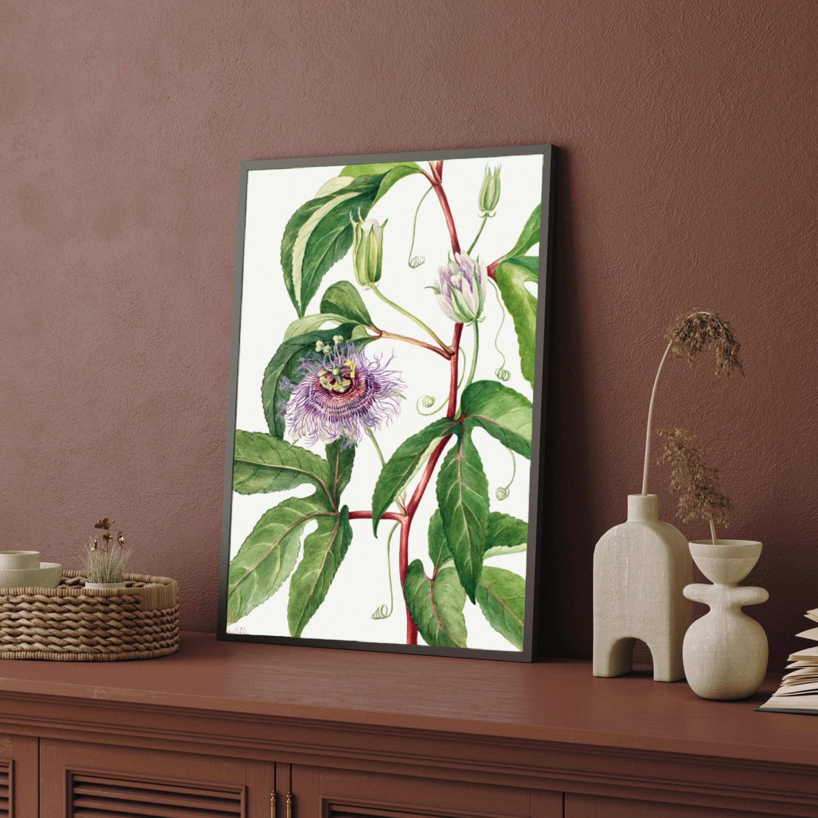 Mystic Bloom – Purple Passionflower Botanical Wall Art Print 2 : 3 Vertical Premium Wall Art Canvas by MeriDeewar