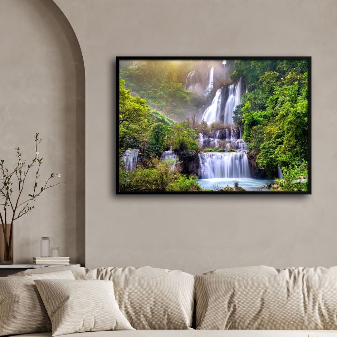 Mystic Veil – Dreamy Jungle Waterfall Canvas 2 : 3 Horizontal Premium Wall Art Canvas by MeriDeewar
