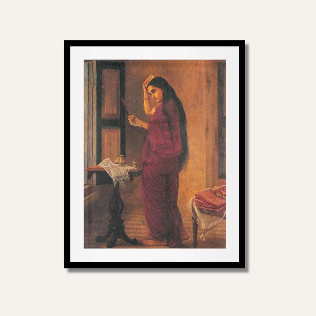 Nair Lady With a Mirror Painting | Traditional Indian Woman Artwork | MeriDeewar 2 : 3 Vertical Premium Wall Art Canvas by MeriDeewar