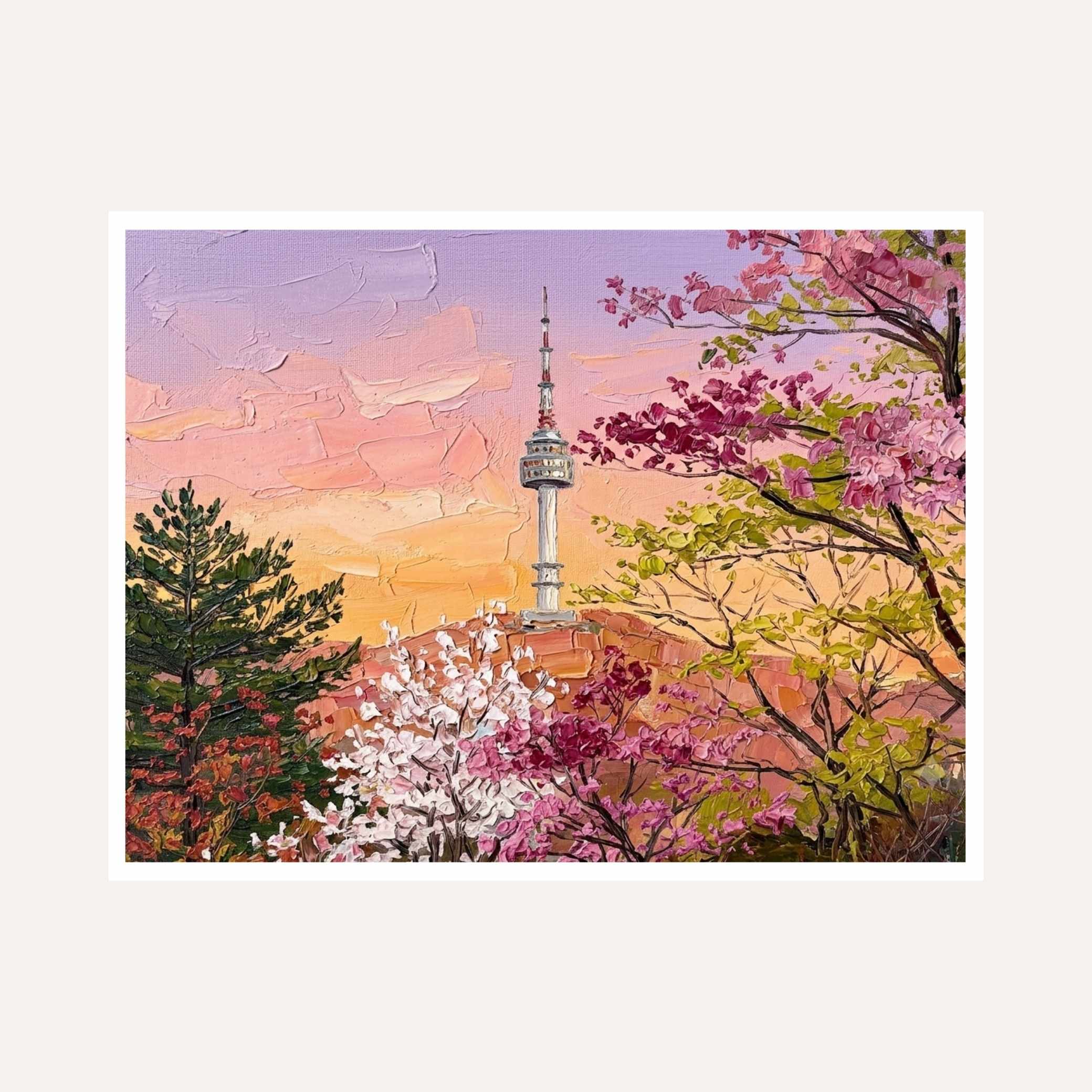"Namsan Spring Blossom Tower" Seoul Architecture Giclée Print | Fine Art Wall Art 2 : 3 Horizontal Premium Wall Art Canvas by MeriDeewar