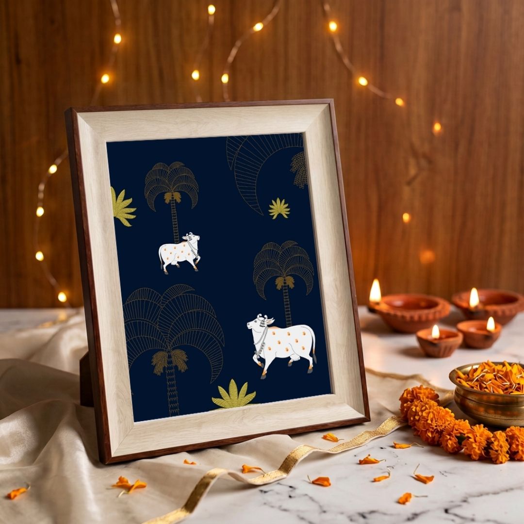 Nandavan Pichwai | Sacred Cows & Golden Palms Midnight Framed Art Curate Oakwood mix / Small Premium Wall Art Canvas by MeriDeewar