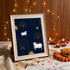 Nandavan Pichwai | Sacred Cows & Golden Palms Midnight Framed Art Curate Oakwood mix / Small Premium Wall Art Canvas by MeriDeewar