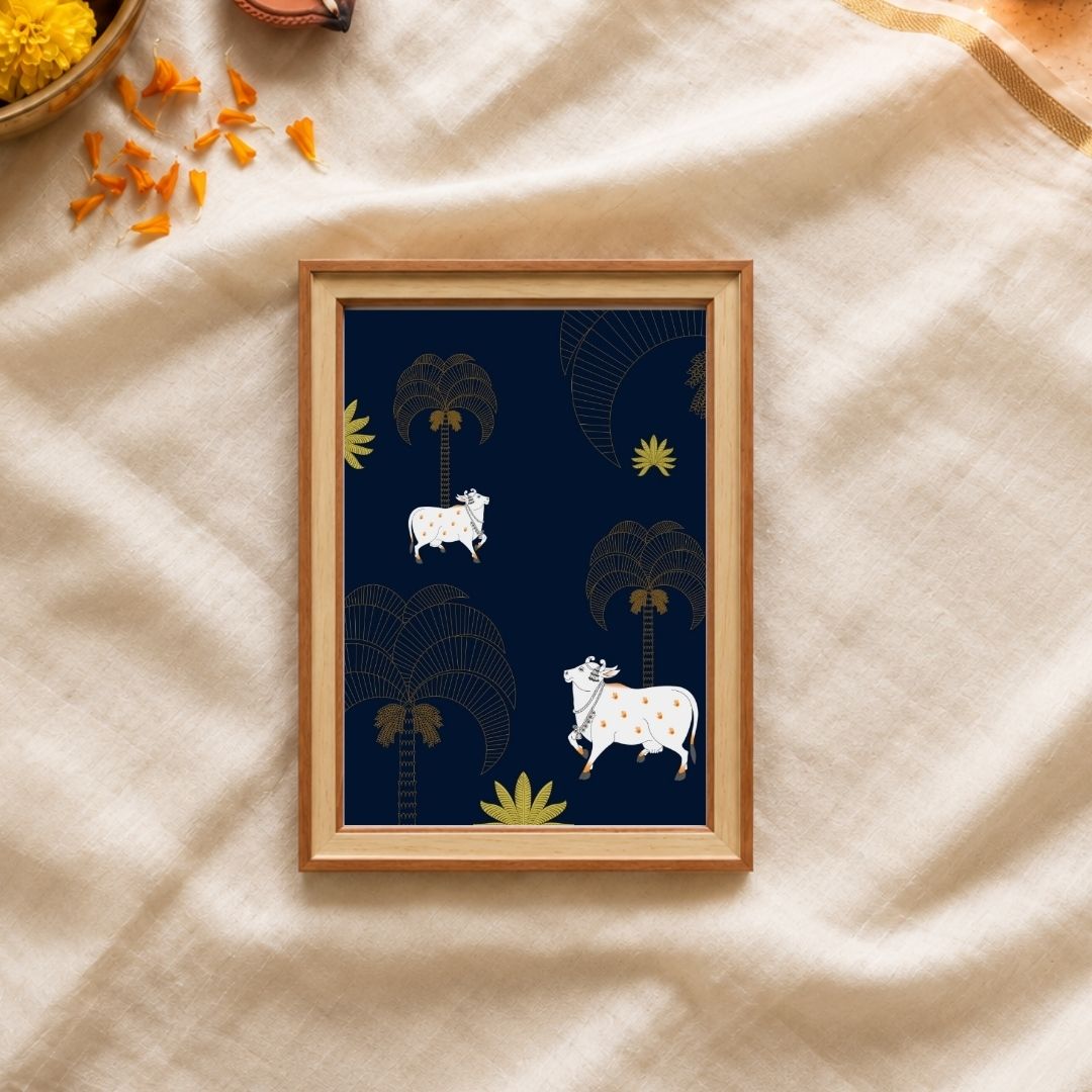Nandavan Pichwai | Sacred Cows & Golden Palms Midnight Framed Art Curate Pinewood Mix / Small Premium Wall Art Canvas by MeriDeewar