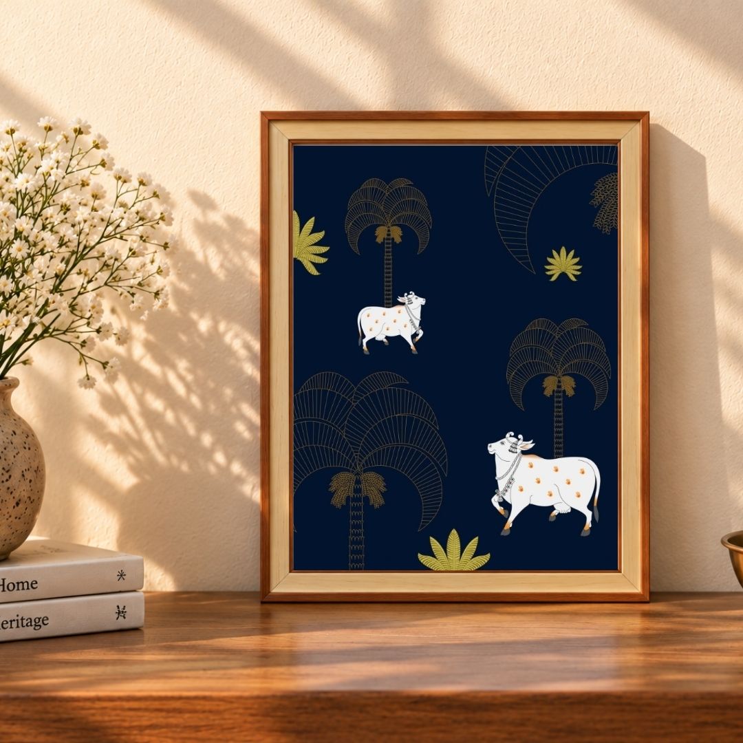 Nandavan Pichwai | Sacred Cows & Golden Palms Midnight Framed Art Curate Premium Wall Art Canvas by MeriDeewar