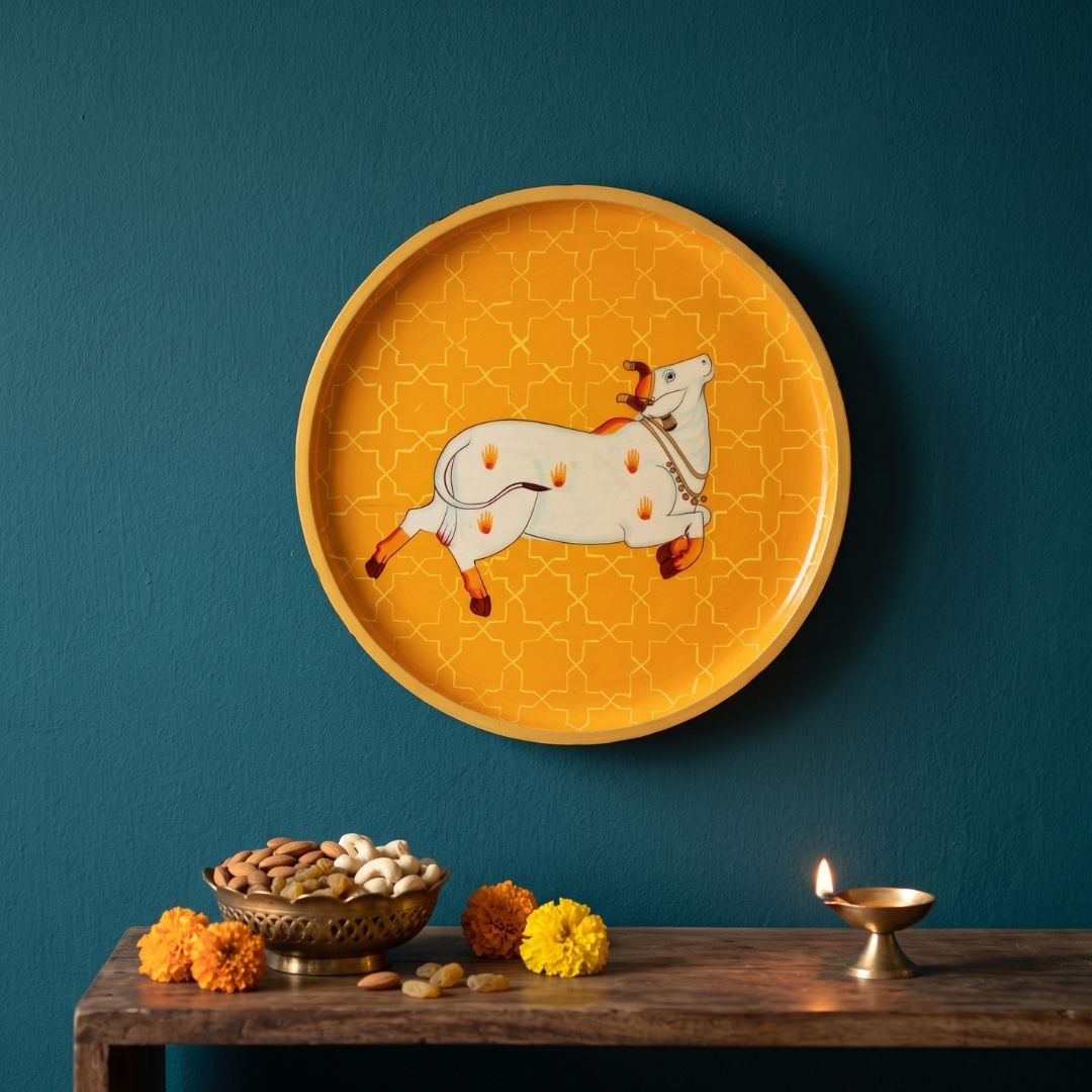 Nandini in Saffron | Hand-Painted Pichwai Cow Wall Art Curate Premium Wall Art Canvas by MeriDeewar