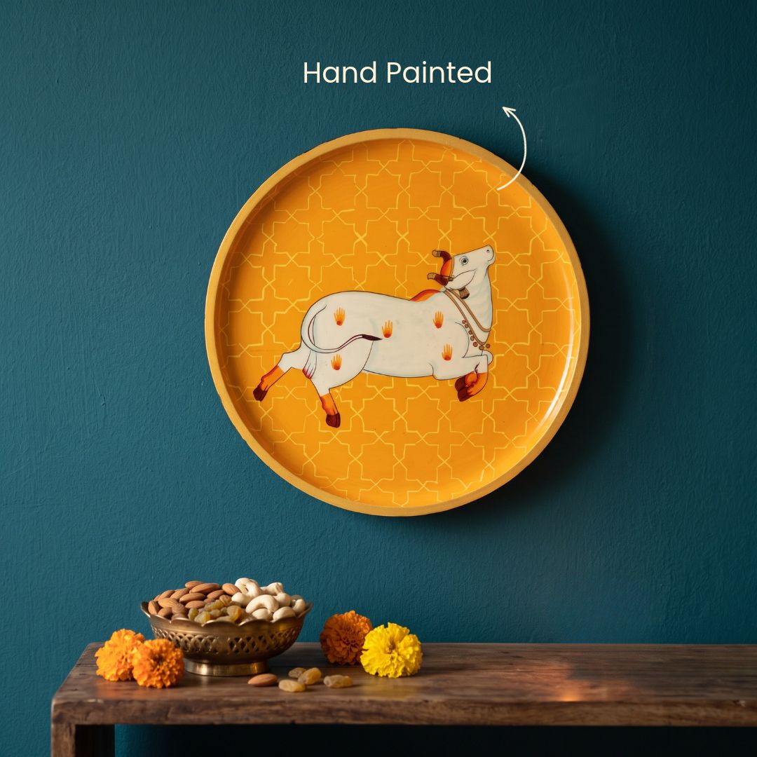 Nandini in Saffron | Hand-Painted Pichwai Cow Wall Art Curate Premium Wall Art Canvas by MeriDeewar