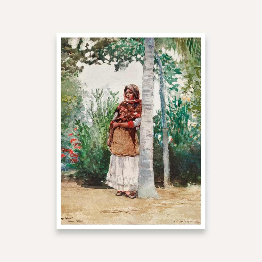 Nature Painting for Living Room – Girl Under Palm Tree | Winslow Homer Wall Art Print 4 :5 Vertical Premium Wall Art Canvas by MeriDeewar