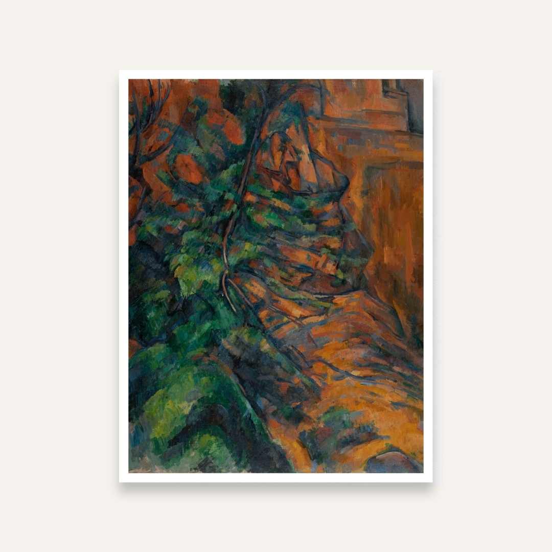 Nature Scenery Painting for Living Room – Rocks & Trees in Earthy Tones | Cézanne Wall Art Print 4 :5 Vertical Premium Wall Art Canvas by MeriDeewar