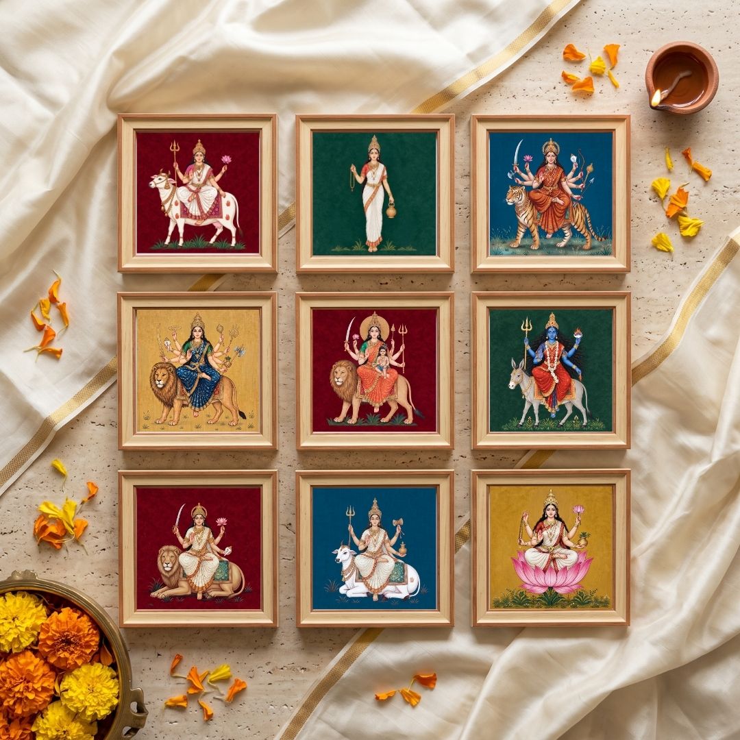 Navadurga | Nine Forms of Goddess Durga Set of 9 Framed Art. Curate Premium Wall Art Canvas by MeriDeewar