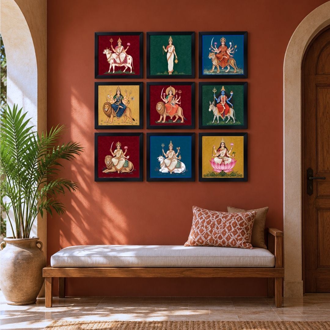 Navadurga | Nine Forms of Goddess Durga Set of 9 Framed Art. Curate Premium Wall Art Canvas by MeriDeewar
