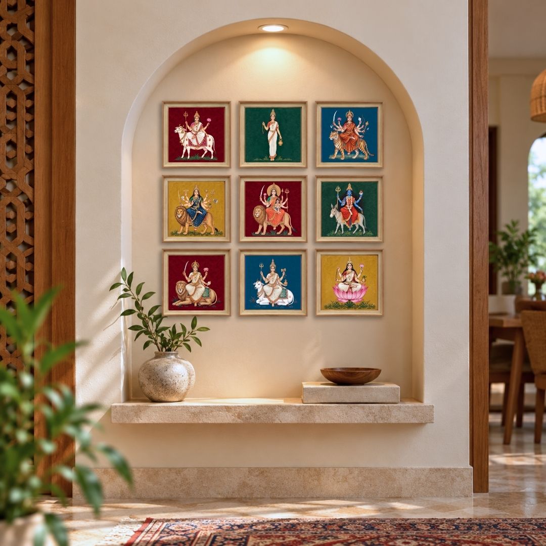 Navadurga | Nine Forms of Goddess Durga Set of 9 Framed Art. Curate Premium Wall Art Canvas by MeriDeewar