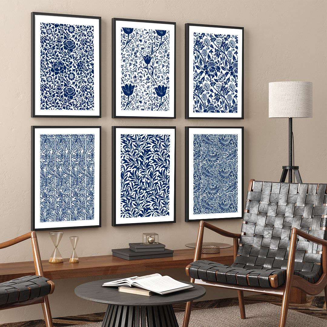 Navy Blue Botanical Wall Art Set Of 6 Paintings Walls Premium Wall Art Canvas by MeriDeewar