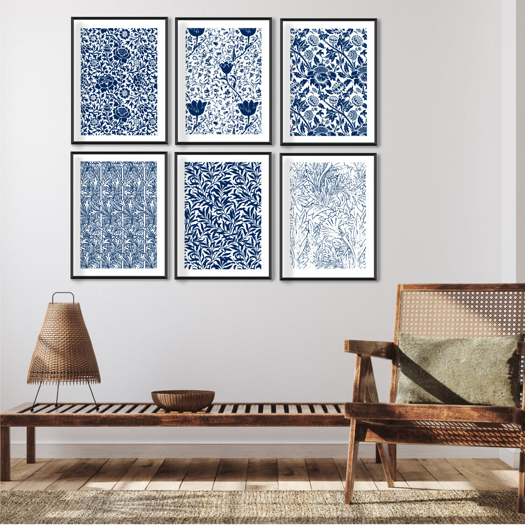 Navy Blue Botanical Wall Art Set Of 6 Paintings Walls Premium Wall Art Canvas by MeriDeewar