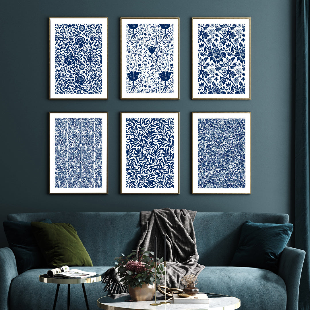 Navy Blue Botanical Wall Art Set Of 6 Paintings Walls Premium Wall Art Canvas by MeriDeewar