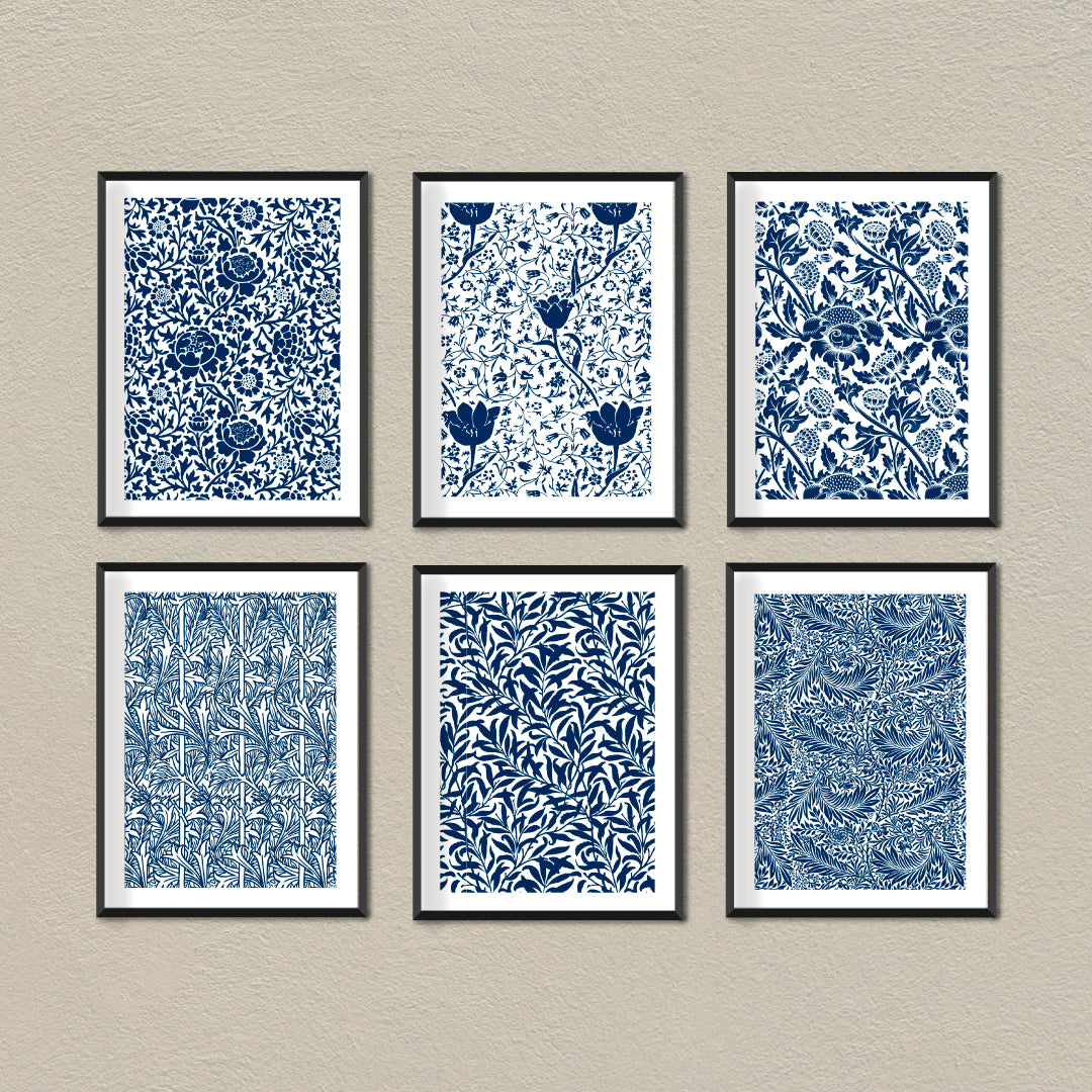 Navy Blue Botanical Wall Art Set Of 6 Paintings Walls Premium Wall Art Canvas by MeriDeewar
