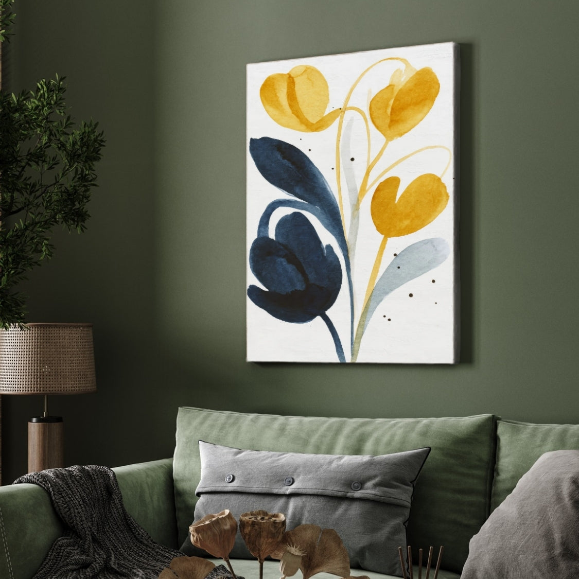 Navy & Mustard Floral Painting for Living Room | Watercolour Tulips Wall Art | Giclée Print 2 : 3 Vertical Premium Wall Art Canvas by MeriDeewar
