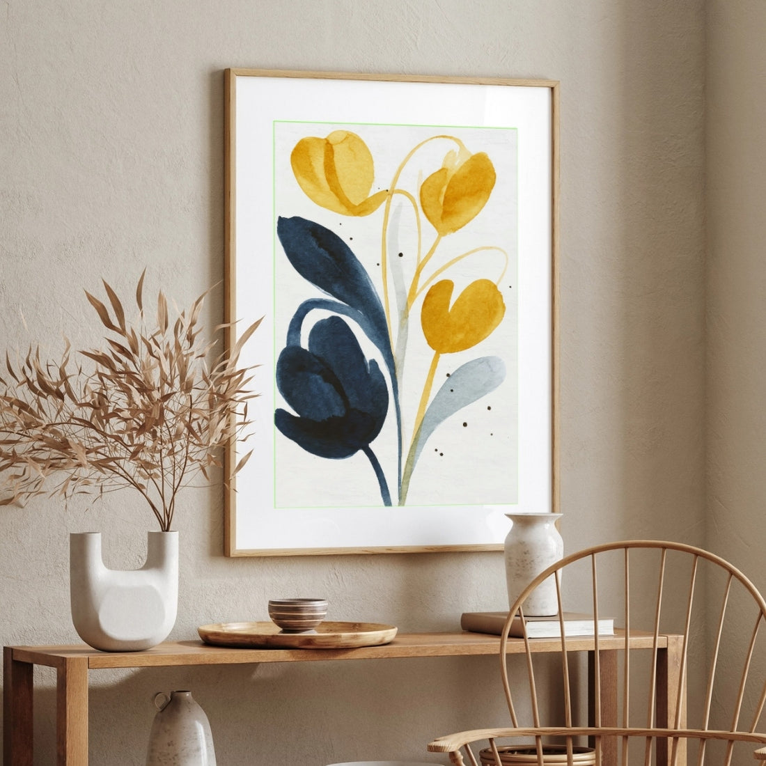 Navy & Mustard Floral Painting for Living Room | Watercolour Tulips Wall Art | Giclée Print 2 : 3 Vertical Premium Wall Art Canvas by MeriDeewar