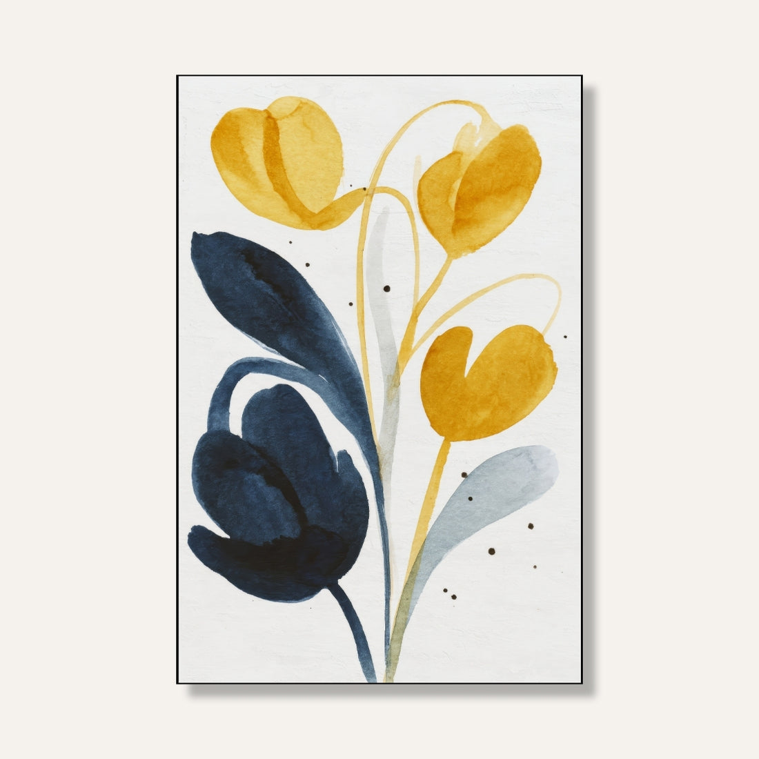 Navy & Mustard Floral Painting for Living Room | Watercolour Tulips Wall Art | Giclée Print 2 : 3 Vertical Premium Wall Art Canvas by MeriDeewar