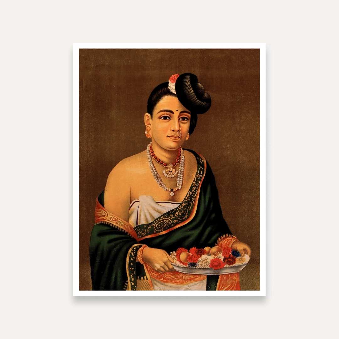 Nayar Lady Painting by Raja Ravi Varma | Traditional Indian Portrait Wall Art for Living Room 4 X 5.5 Vertical Premium Wall Art Canvas by MeriDeewar