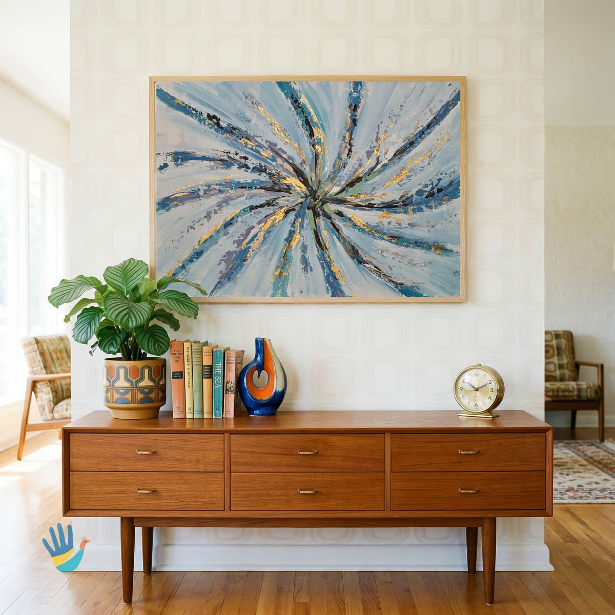 Neer Vortex | Cerulean Blue & Gold Leaf Abstract Wall Art 4 : 3 Horizontal Premium Wall Art Canvas by MeriDeewar