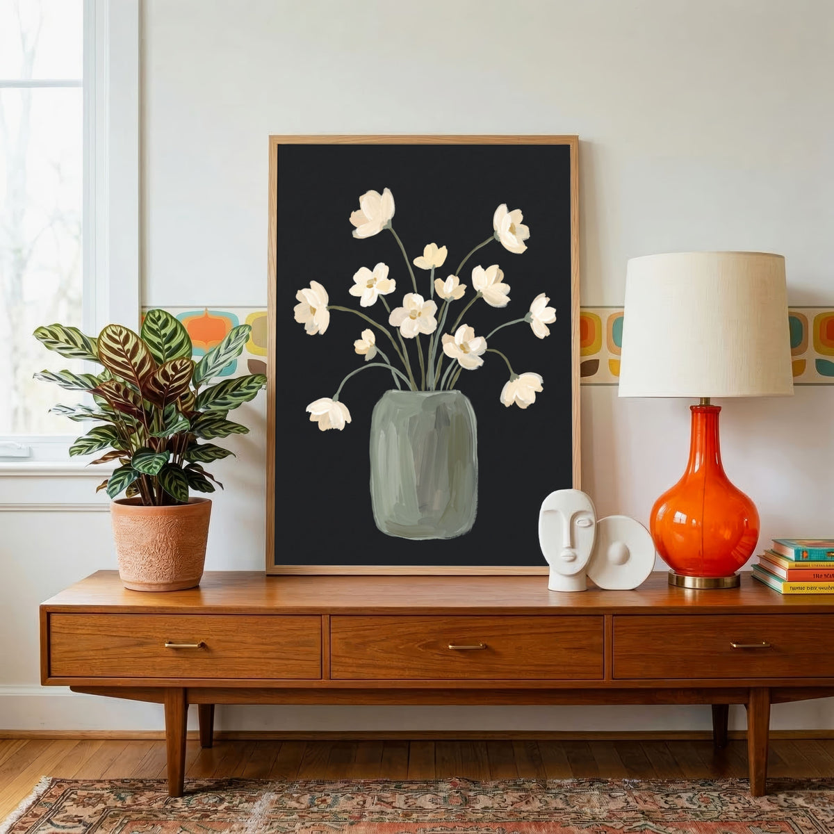 Nocturne Blooms | Modern Minimalist Floral Still Life Wall Art 3 : 4 Vertical Premium Wall Art Canvas by MeriDeewar
