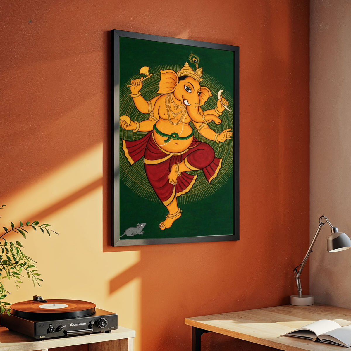 Nritya Ganesha | Traditional Kerala Mural Style Dancing Ganapati Wall Art 3 : 4 Vertical Premium Wall Art Canvas by MeriDeewar