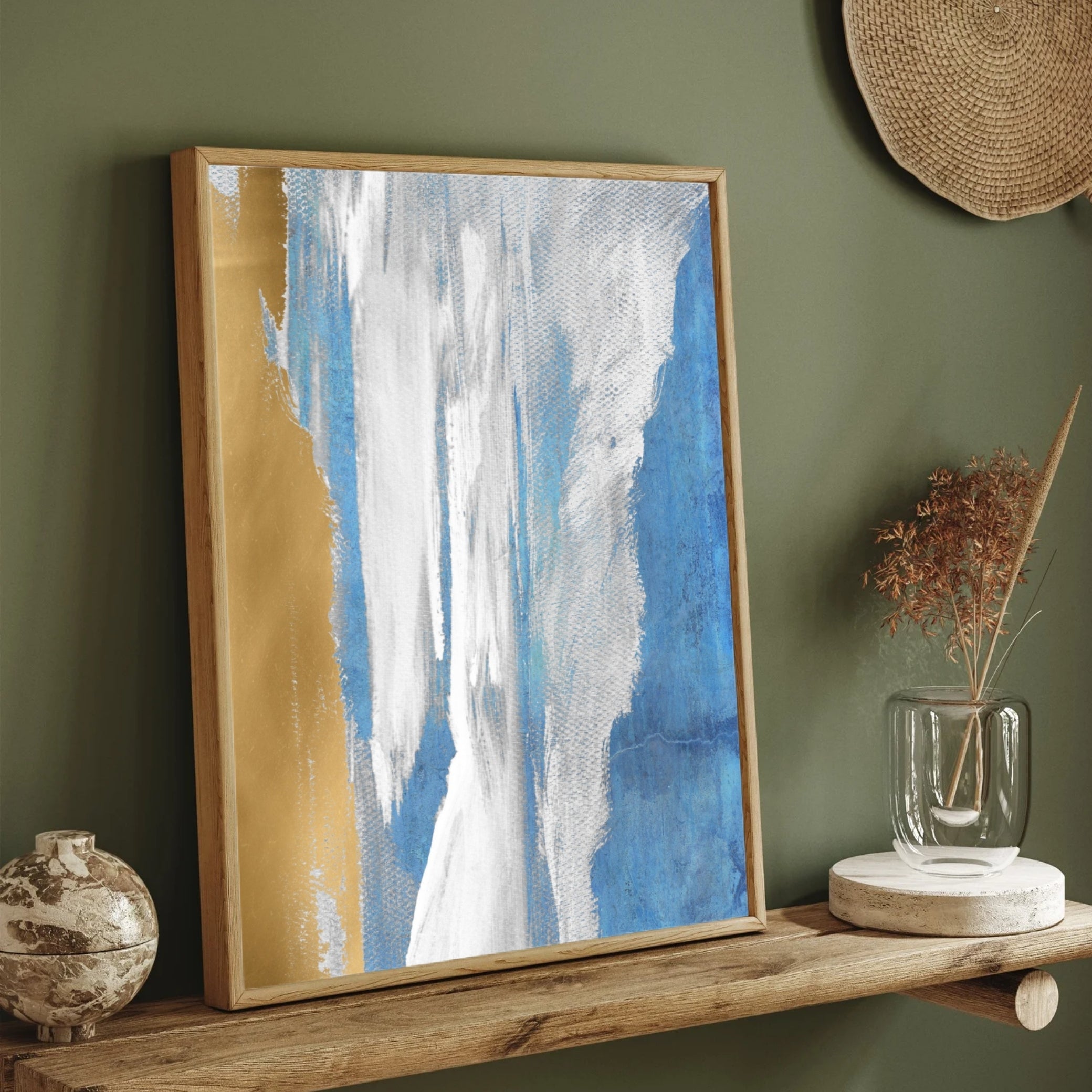 Ocean Whisper – Modern Blue and Gold Wall Art on Canvas 2 : 3 Vertical Premium Wall Art Canvas by MeriDeewar