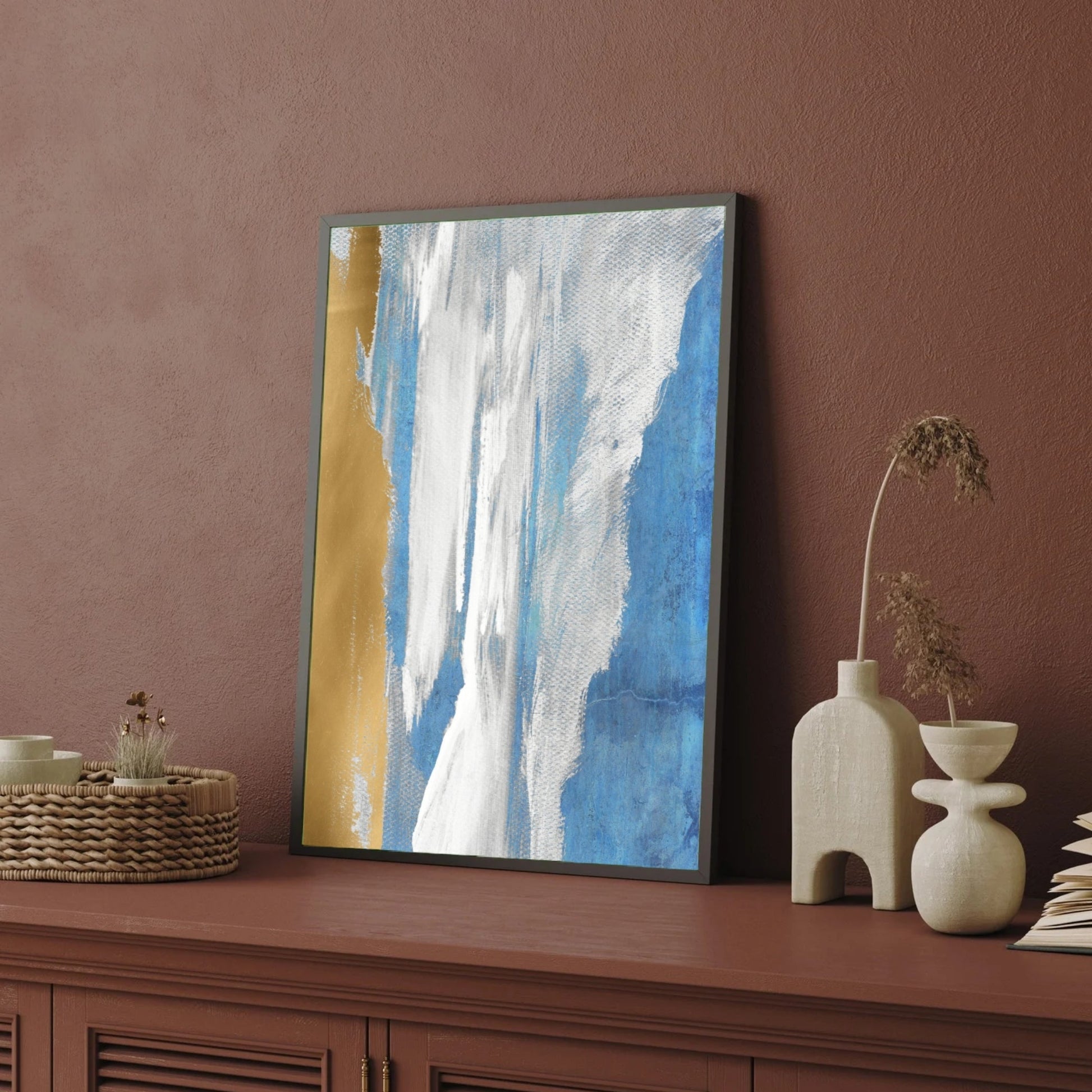 Ocean Whisper – Modern Blue and Gold Wall Art on Canvas 2 : 3 Vertical Premium Wall Art Canvas by MeriDeewar