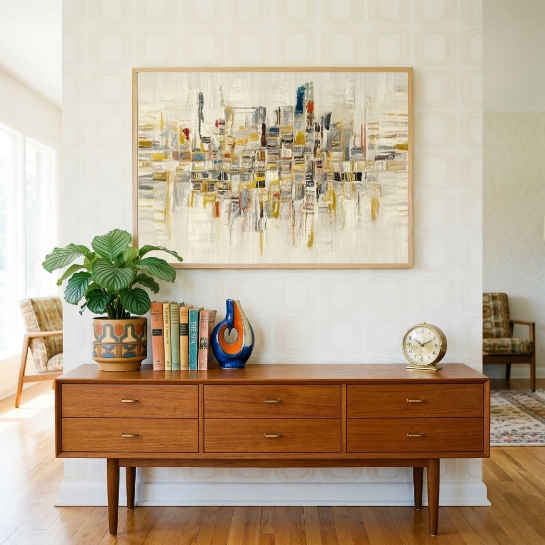 Ochre Metropolis | Modern Abstract Cityscape Framed Wall Art 4 : 3 Horizontal Premium Wall Art Canvas by MeriDeewar