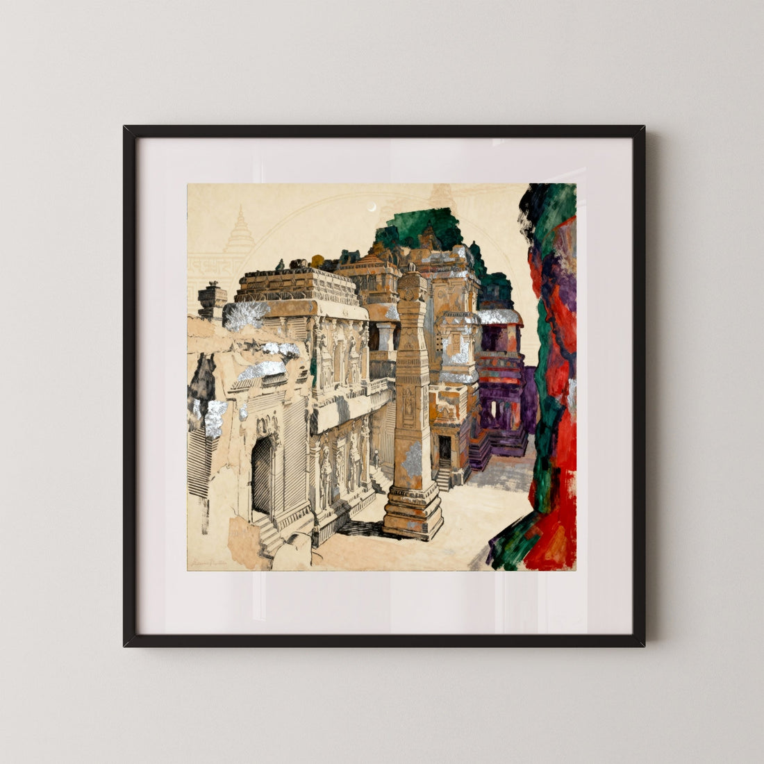 One Mountain. One Vision – Kailasa Temple Ellora Wall Art | Indian Rock-Cut Architecture Canvas Print 1 : 1 Square Premium Wall Art Canvas by MeriDeewar