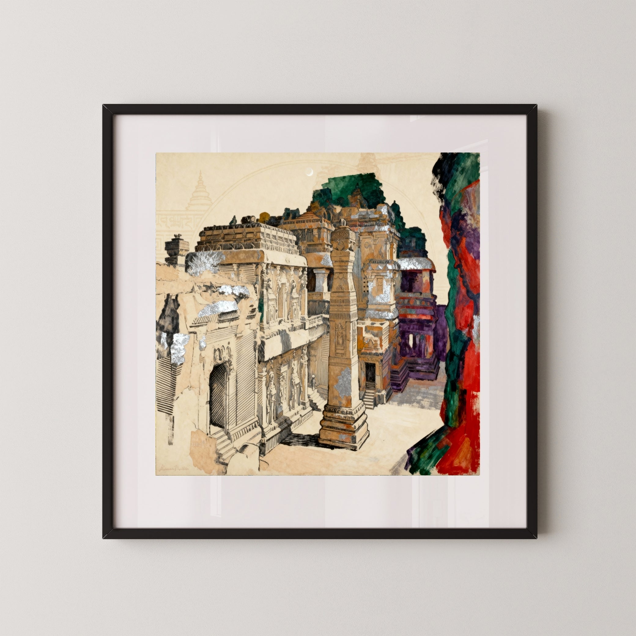 One Mountain. One Vision – Kailasa Temple Ellora Wall Art | Indian Rock-Cut Architecture Canvas Print 1 : 1 Square Premium Wall Art Canvas by MeriDeewar