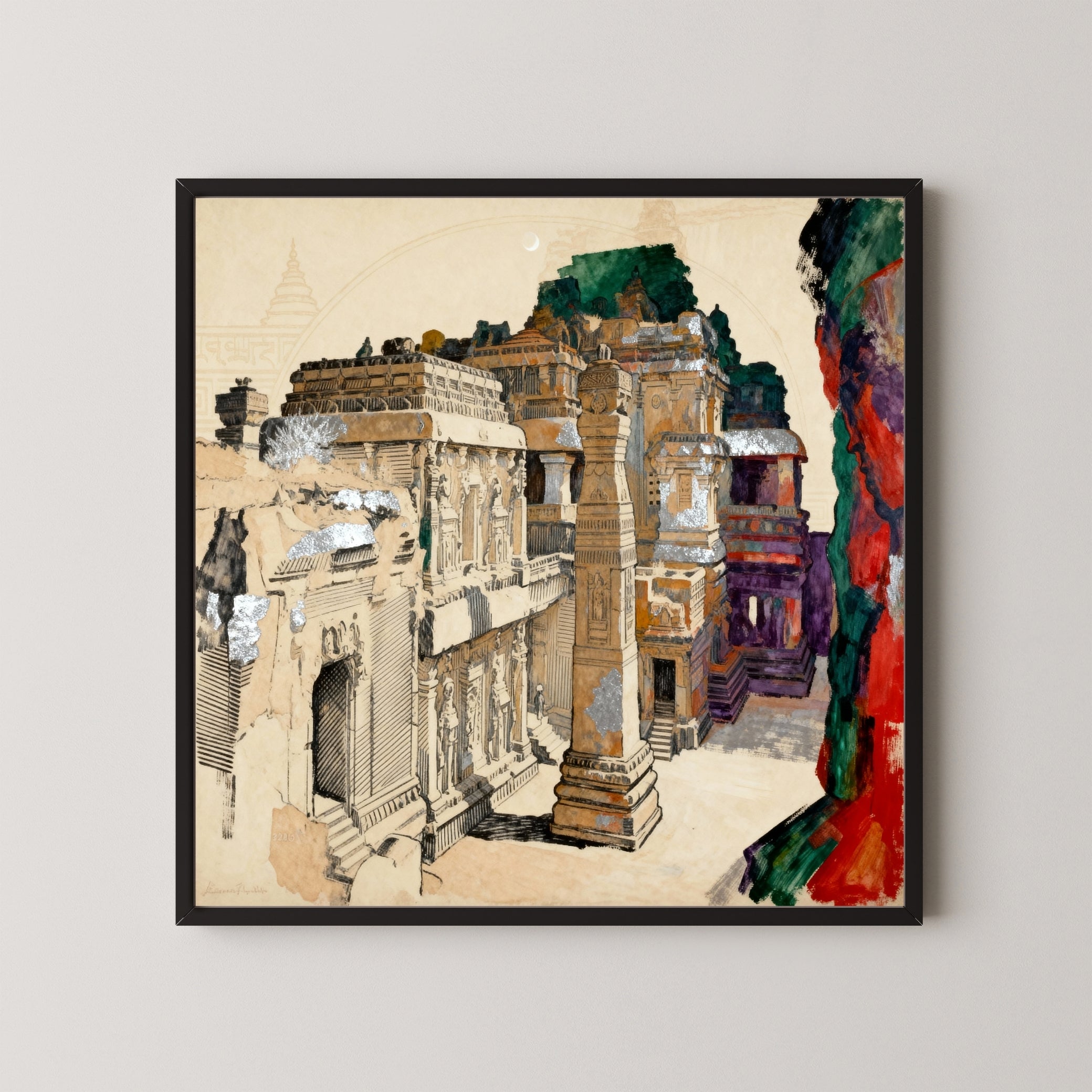 One Mountain. One Vision – Kailasa Temple Ellora Wall Art | Indian Rock-Cut Architecture Canvas Print 1 : 1 Square Premium Wall Art Canvas by MeriDeewar