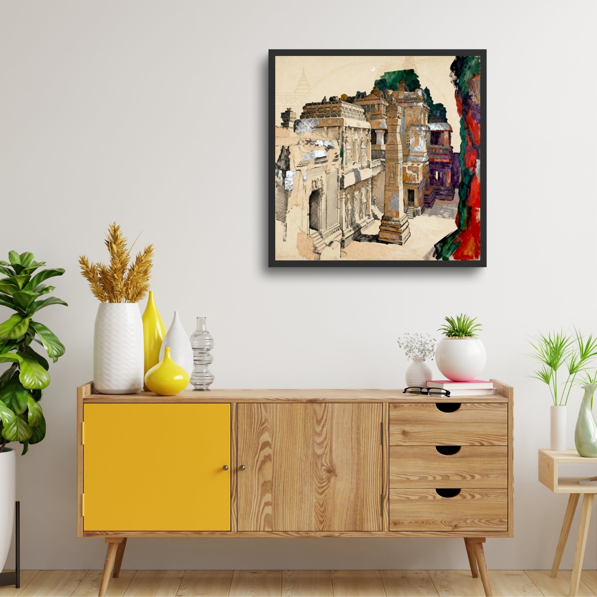 One Mountain. One Vision – Kailasa Temple Ellora Wall Art | Indian Rock-Cut Architecture Canvas Print 1 : 1 Square Premium Wall Art Canvas by MeriDeewar