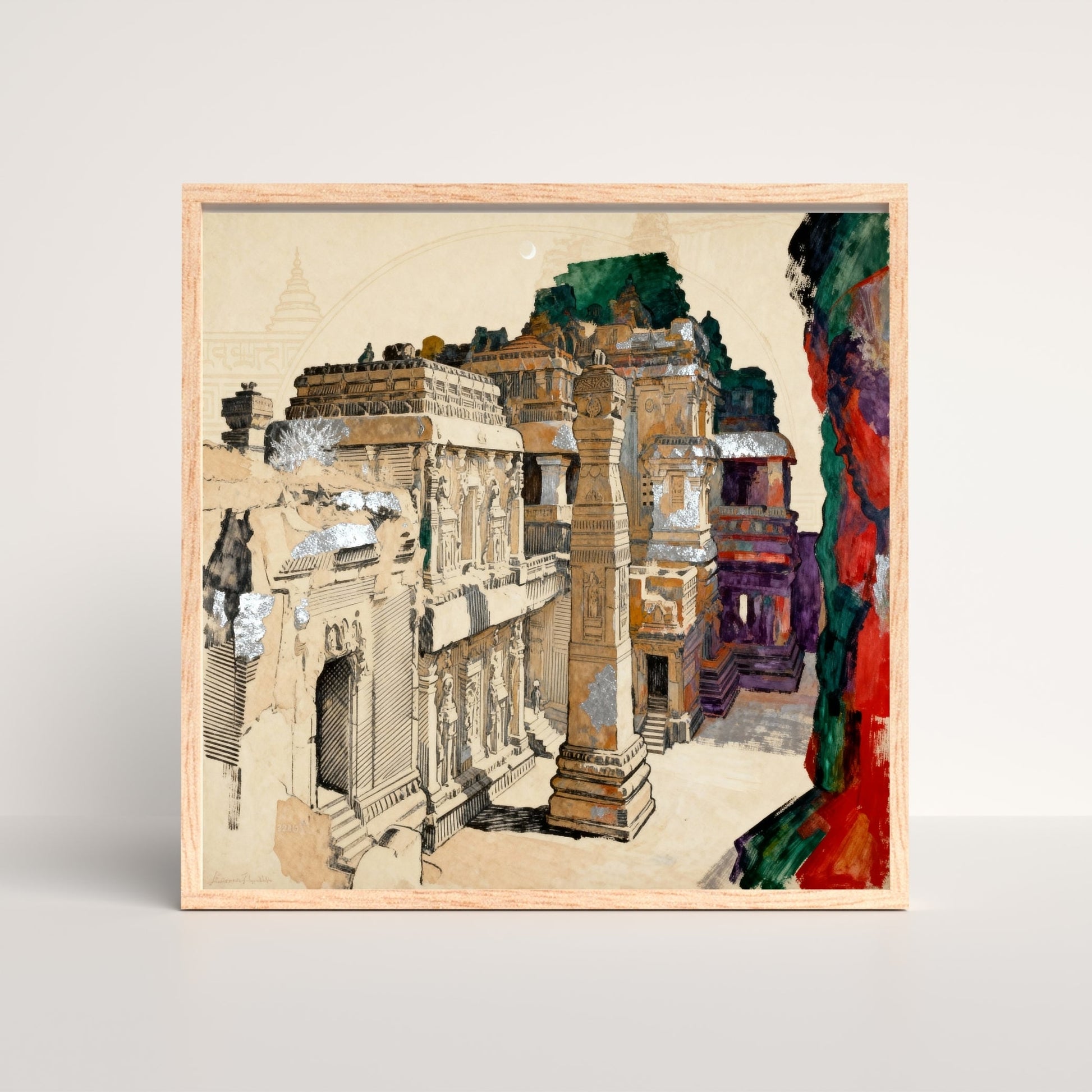 One Mountain. One Vision – Kailasa Temple Ellora Wall Art | Indian Rock-Cut Architecture Canvas Print 1 : 1 Square Premium Wall Art Canvas by MeriDeewar