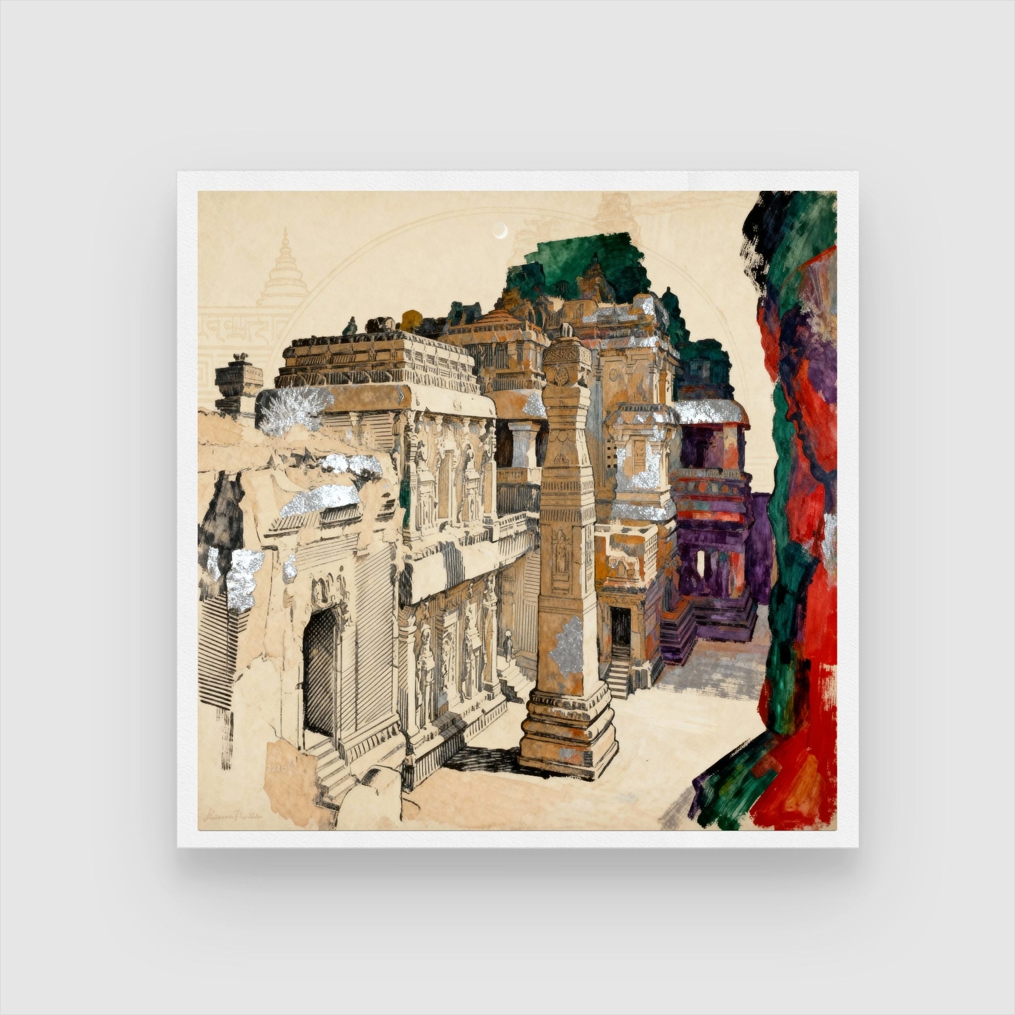 One Mountain. One Vision – Kailasa Temple Ellora Wall Art | Indian Rock-Cut Architecture Canvas Print 1 : 1 Square Premium Wall Art Canvas by MeriDeewar
