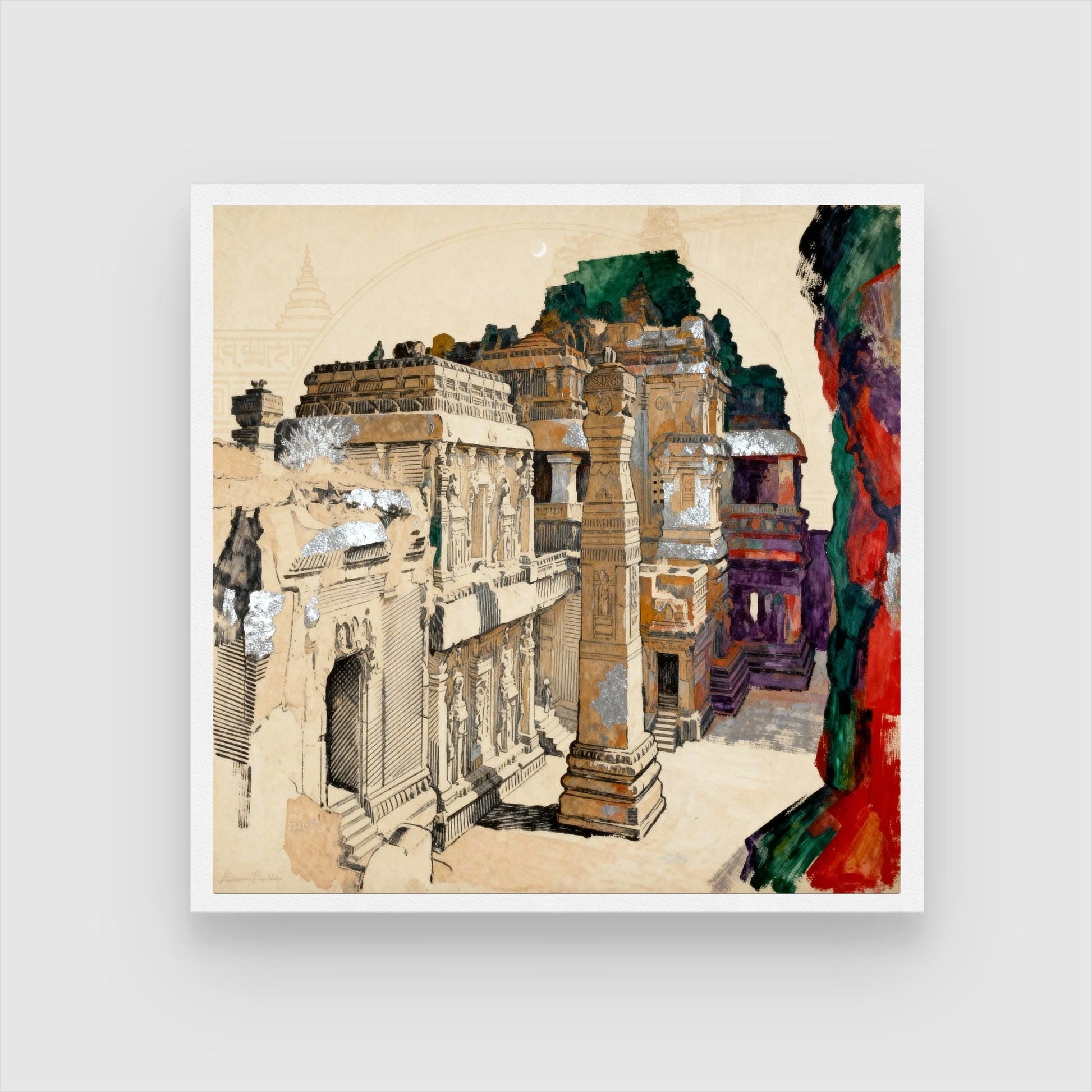 One Mountain. One Vision – Kailasa Temple Ellora Wall Art | Indian Rock-Cut Architecture Canvas Print 1 : 1 Square Premium Wall Art Canvas by MeriDeewar
