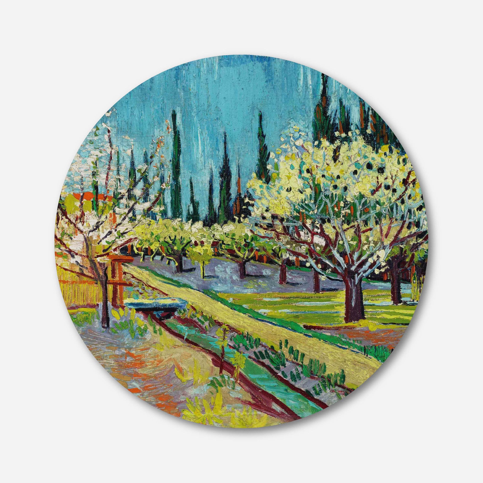 Orchard Bordered Painting Circular Canvas Frame Circular Canvas Frame Premium Wall Art Canvas by MeriDeewar