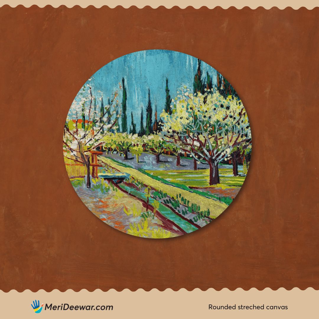 Orchard Bordered Painting Circular Canvas Frame Circular Canvas Frame Premium Wall Art Canvas by MeriDeewar