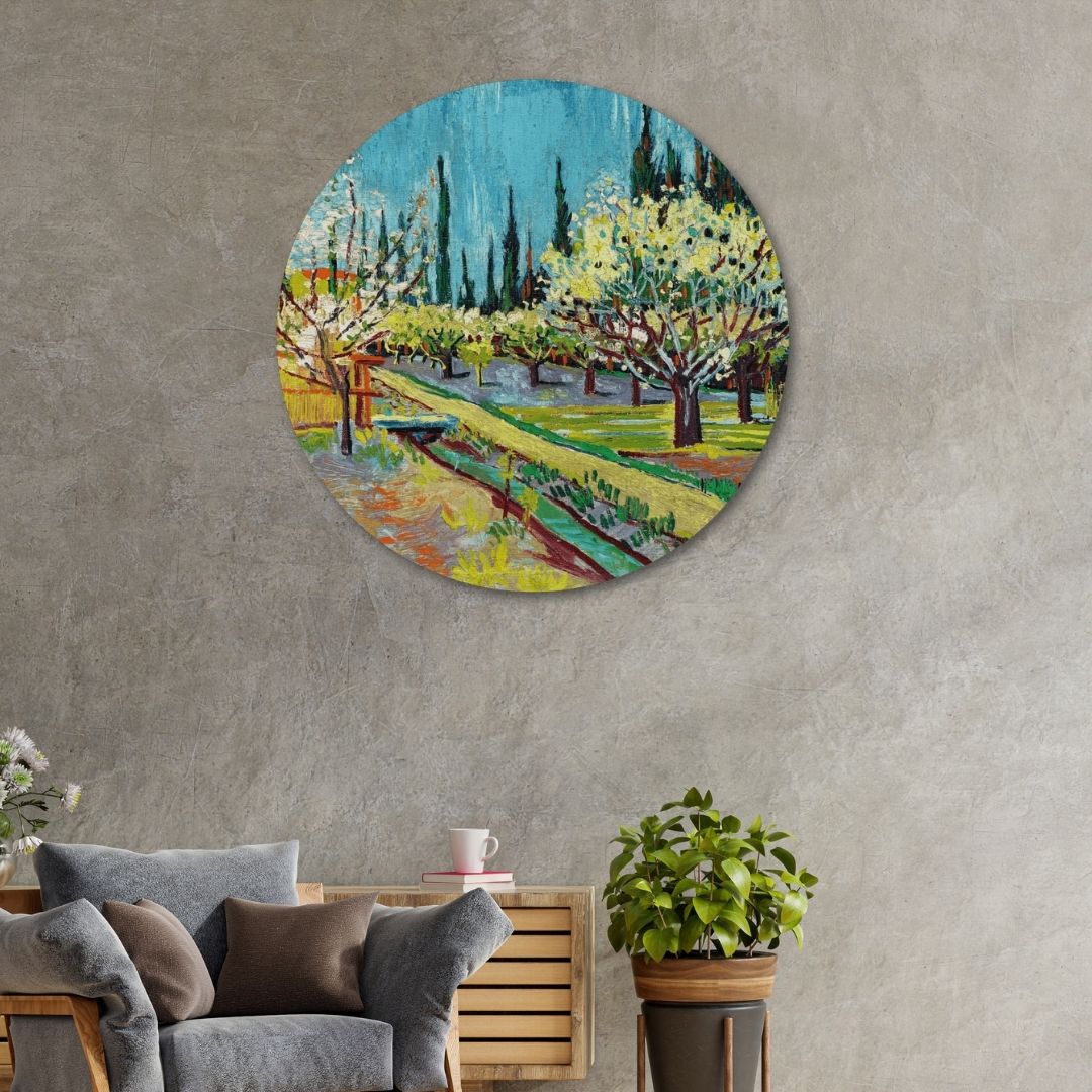 Orchard Bordered Painting Circular Canvas Frame Circular Canvas Frame Premium Wall Art Canvas by MeriDeewar