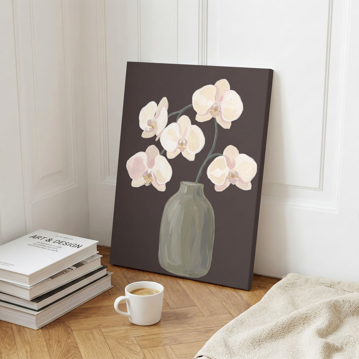 Orchids in Espresso | Modern Minimalist Orchid Still Life Wall Art 3 : 4 Vertical Premium Wall Art Canvas by MeriDeewar